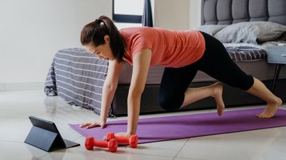 Women performing mountain climber exercises at home