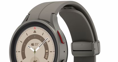 Samsung Galaxy Watch 5 smartwatch in grey colorway on white background