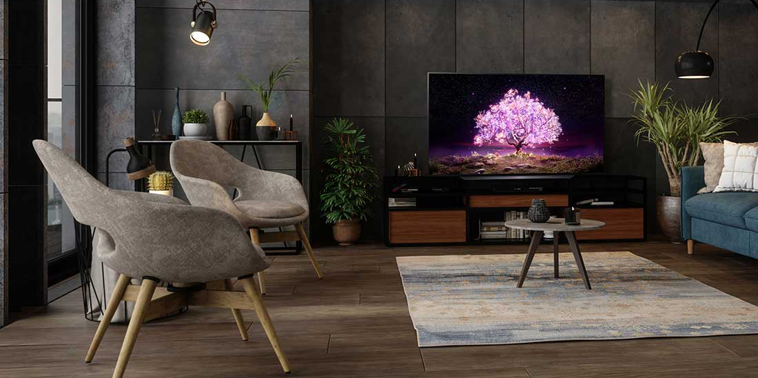 LG C1 OLED TV in a living room showing an image of a tree