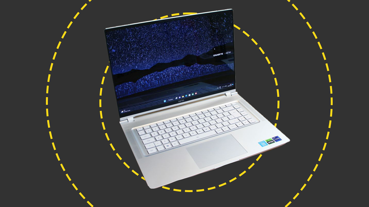 Th Gigabyte Aero laptop on the IT Pro background