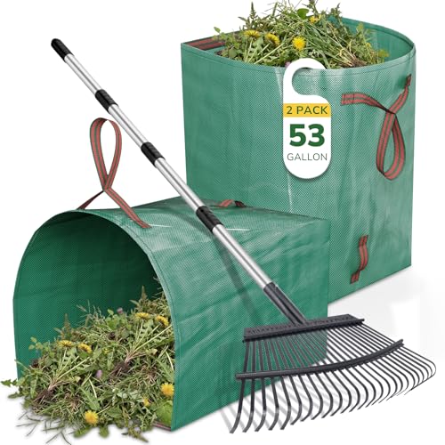 Greatbuddy Leaf Rake and Leaf Bags Combo, Adjustable Metal Garden Rake 29''-72'' 25 Tines, 2 Pack 53 Gallon Reusable Yard Waste Bags, Heavy Duty Lawn Rake With Dustpan Leaf Collector for Yard Cleanup