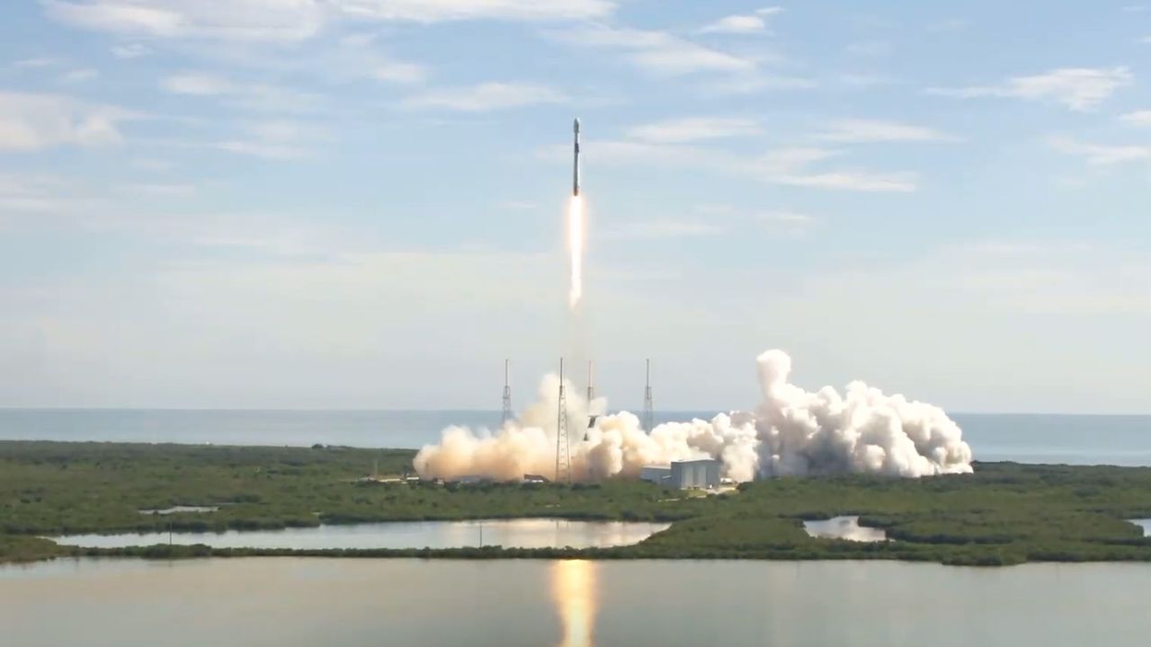 A SpaceX Falcon 9 rocket carrying 58 Starlink internet satellites and three Planet SkySat Earth-observation satellites launches from Space Launch Complex 40 at Cape Canaveral Air Force Station in Florida on Aug. 18, 2020.