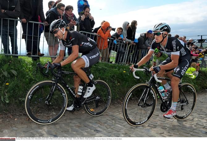 Fabian Cancellara (Trek) leads Zdenek Stybar (OPQS) on the Koppenberg