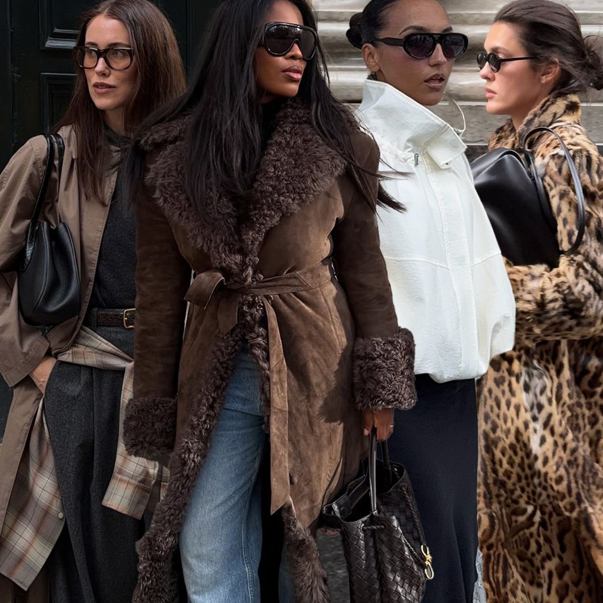 Trendy basics atReplica Store are shown in a collage of close street style photos of four women. On the left, a woman is wearing a tan trench coat over a black t-shirt styled with a brown belt, gray trousers, a brown plaid flannel, a black shoulder bag, and brown sunglasses. In the middle left, a woman is wearing oversized aviator sunglasses, a black turtleneck under a brown fur shearling coat styled with jeans and a brown handbag. In the middle right, a woman is wearing black sunglasses, a white funnel neck jacket, a black slip skirt, and a black handbag. On the left, a woman is wearing black sunglasses with a leopard fur coat and a black handbag. 