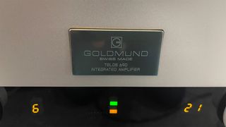 Goldmund Telos 690 integrated amplifier showing LEDs and Goldmund logo