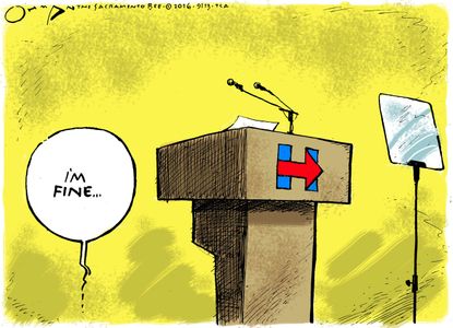 Political cartoon U.S. 2016 election Hillary Clinton on floor by podium