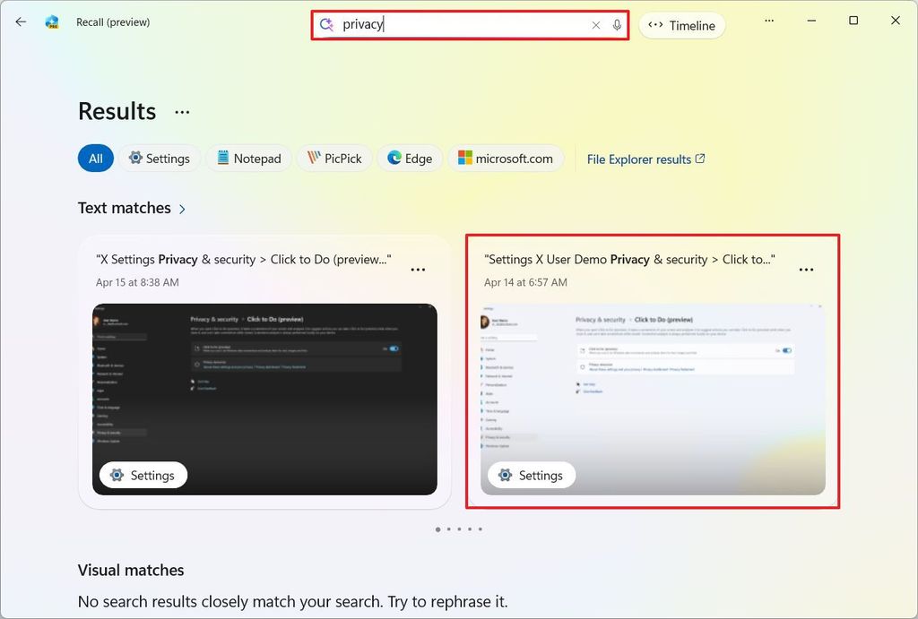 Windows Recall search