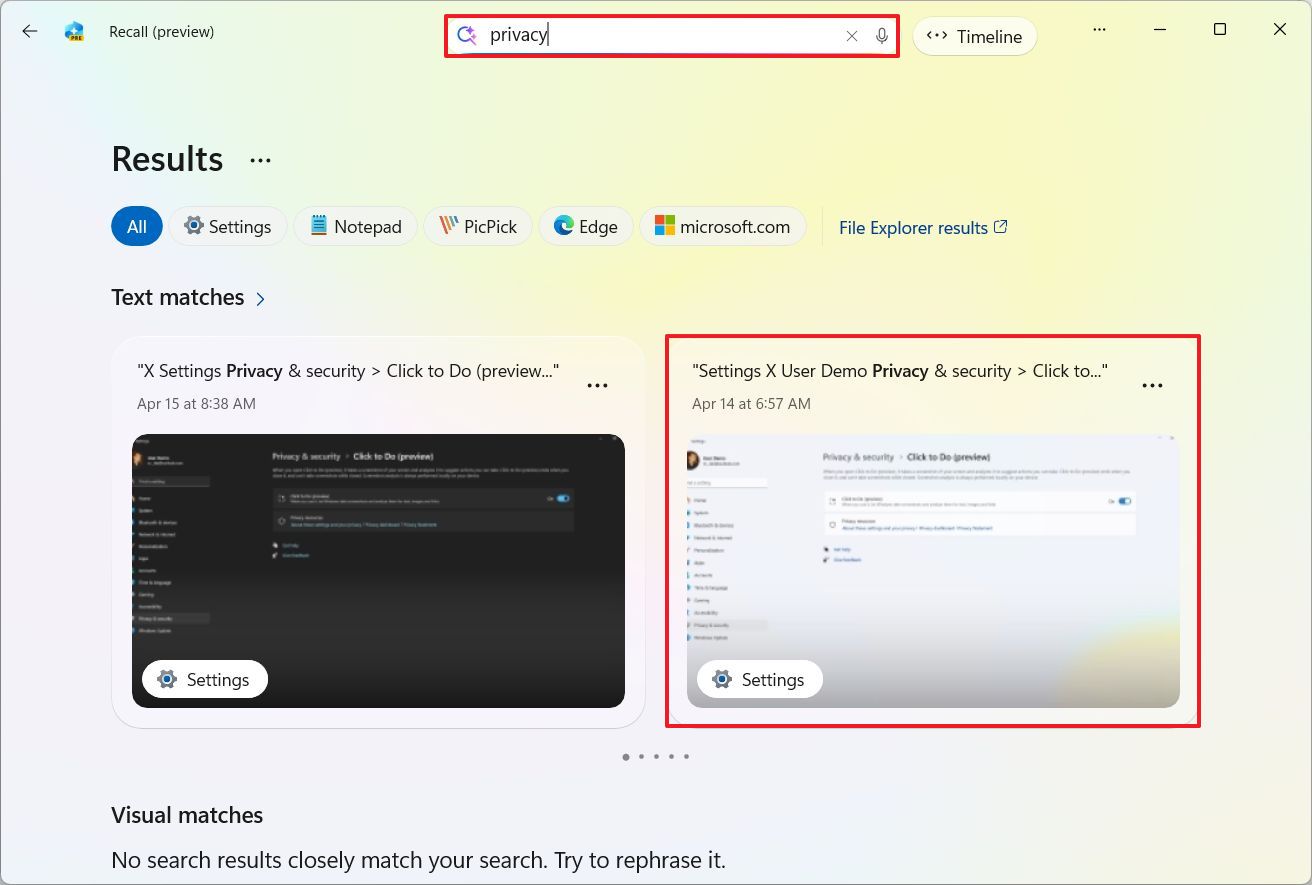 Windows Recall search