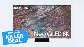 A Samsung QN800A 8K TV on a white background. The "Tom's Guide killer deal" tag is overlaid.