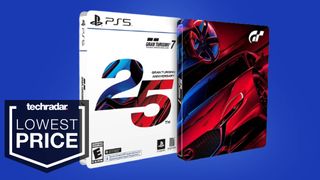 Gran Turismo 7 25th Anniversary Edition on a blue background with "lowest price" written beside it