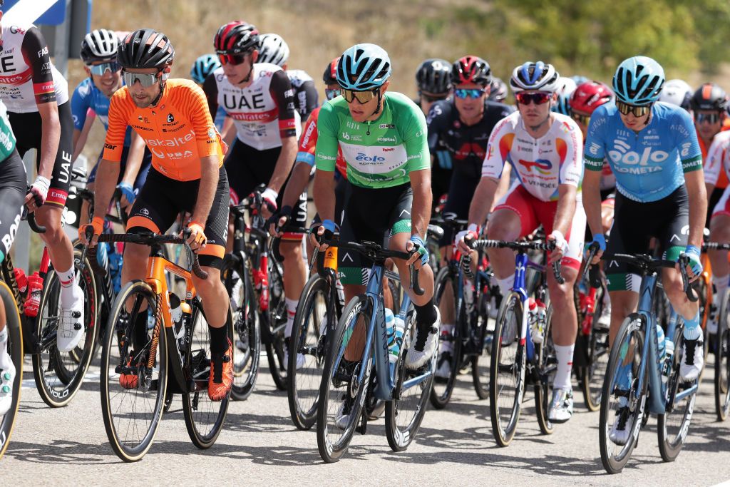 BRIVIESCA SPAIN AUGUST 04 LR Luis ngel Mat Mardones of Spain and Team Euskaltel Euskadi Vincenzo Albanese of Italy and EoloKometa Cycling Team Green Points Jersey during the 43rd Vuelta a Burgos 2021 Stage 2 a 175km stage from Tardajos to Briviesca VueltaBurgos BurgosCycling CapitalMundialdelCiclismo on August 04 2021 in Briviesca Spain Photo by Gonzalo Arroyo MorenoGetty Images
