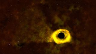 This NASA artist's illustration shows the tail of gas from a star stripped away by a supermassive black hole until it forms a bright ring of infalling matter as seen in ASASSN-19bt by the TESS space telescope.