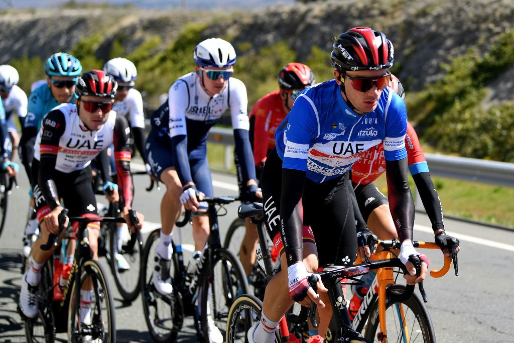 ERMUALDE LAUDIO SPAIN APRIL 07 Brandon Mcnulty of United States and UAE Team Emirates Blue best young jersey during the 60th ItzuliaVuelta Ciclista Pais Vasco 2021 Stage 3 a 1677km stage from Amurrio to Ermualde Laudio 481m itzulia ehitzulia on April 07 2021 in Ermualde Laudio Spain Photo by David RamosGetty Images
