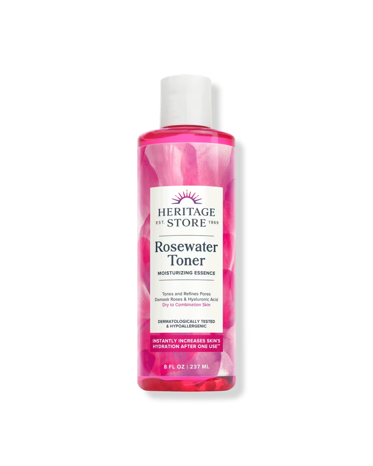 A bottle of Heritage Store Rosewater Toner.
