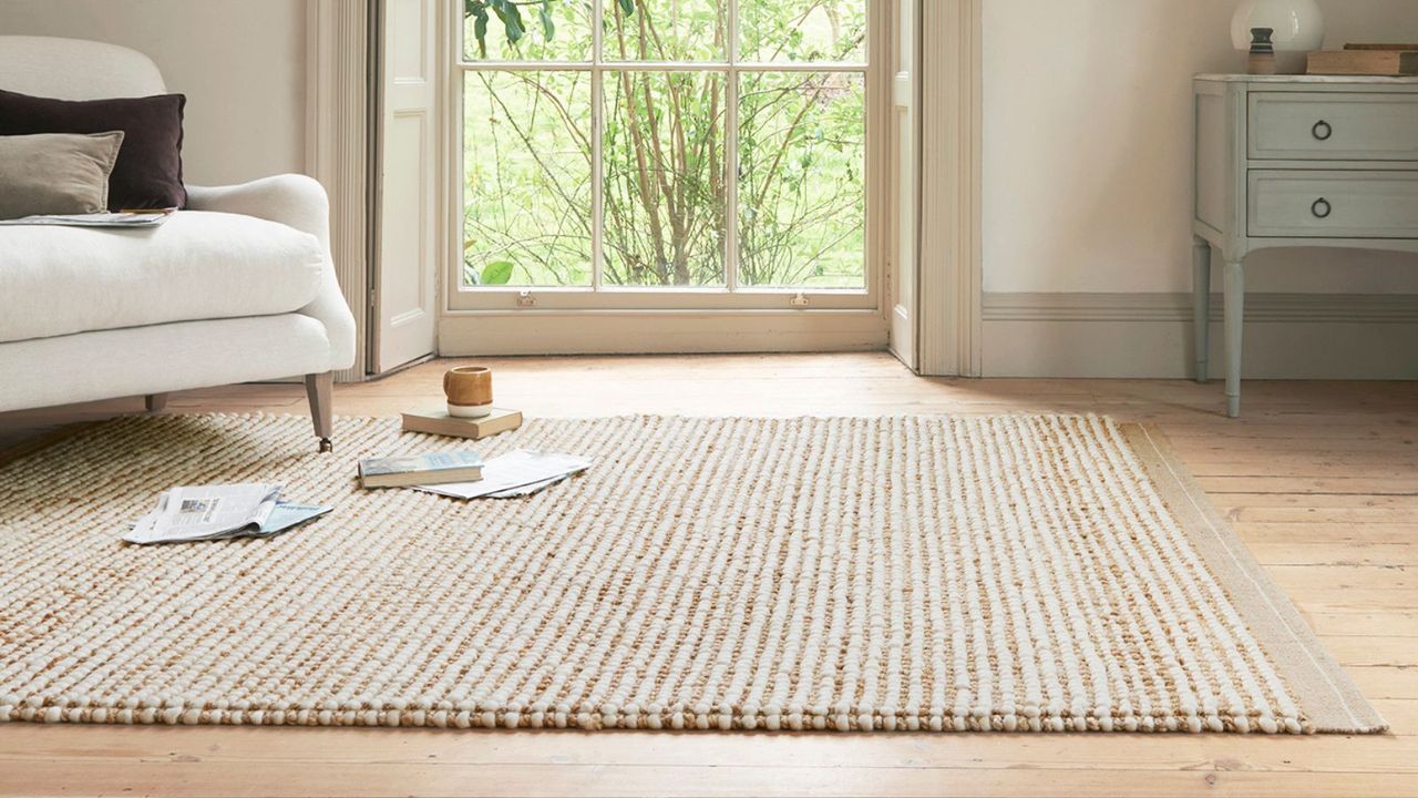 A textures just rug in a bright living room with a single armchair on top of it