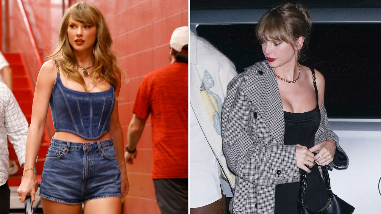 a collage of Taylor Swift wearing the same Versace corset top on two separate occasions