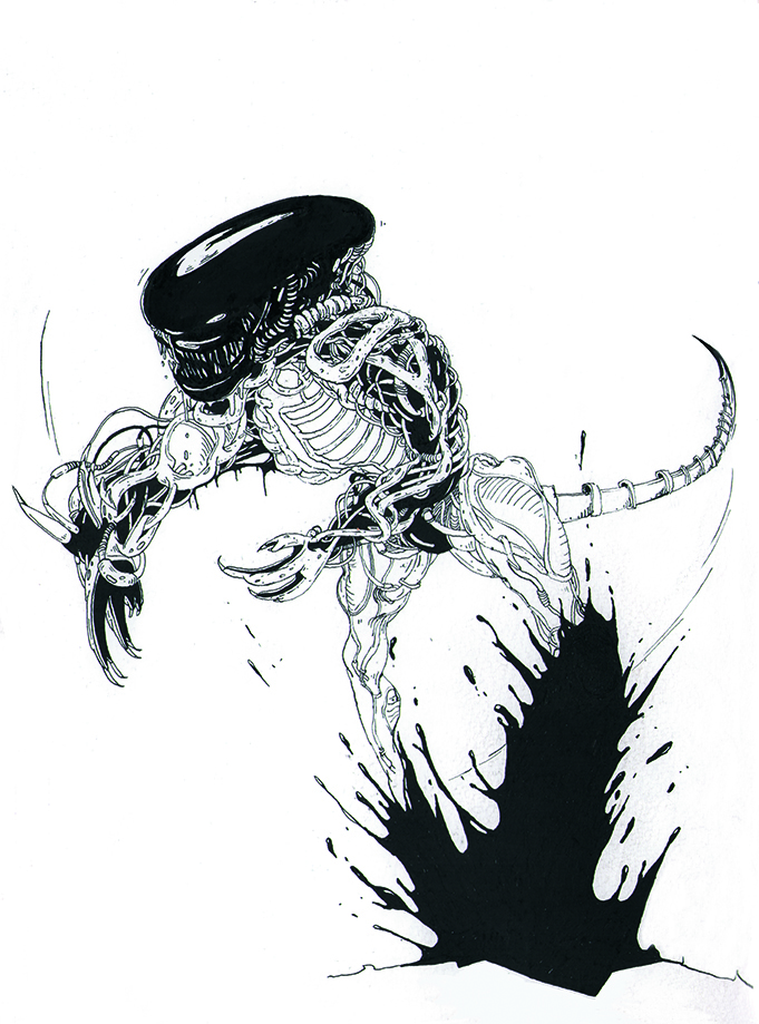 Ink line art showing an alien creature by Kevin Antoine