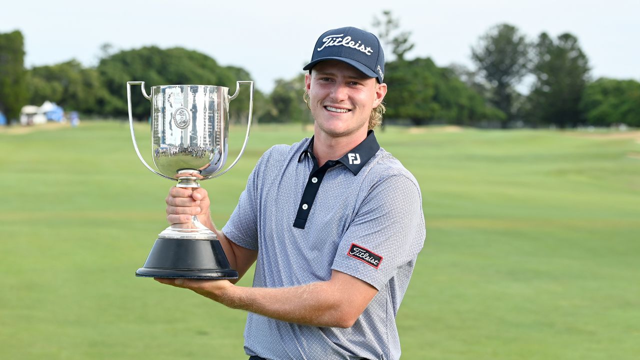 Jediah Morgan with the trophy after winning the Australian PGA Championship in January 2022