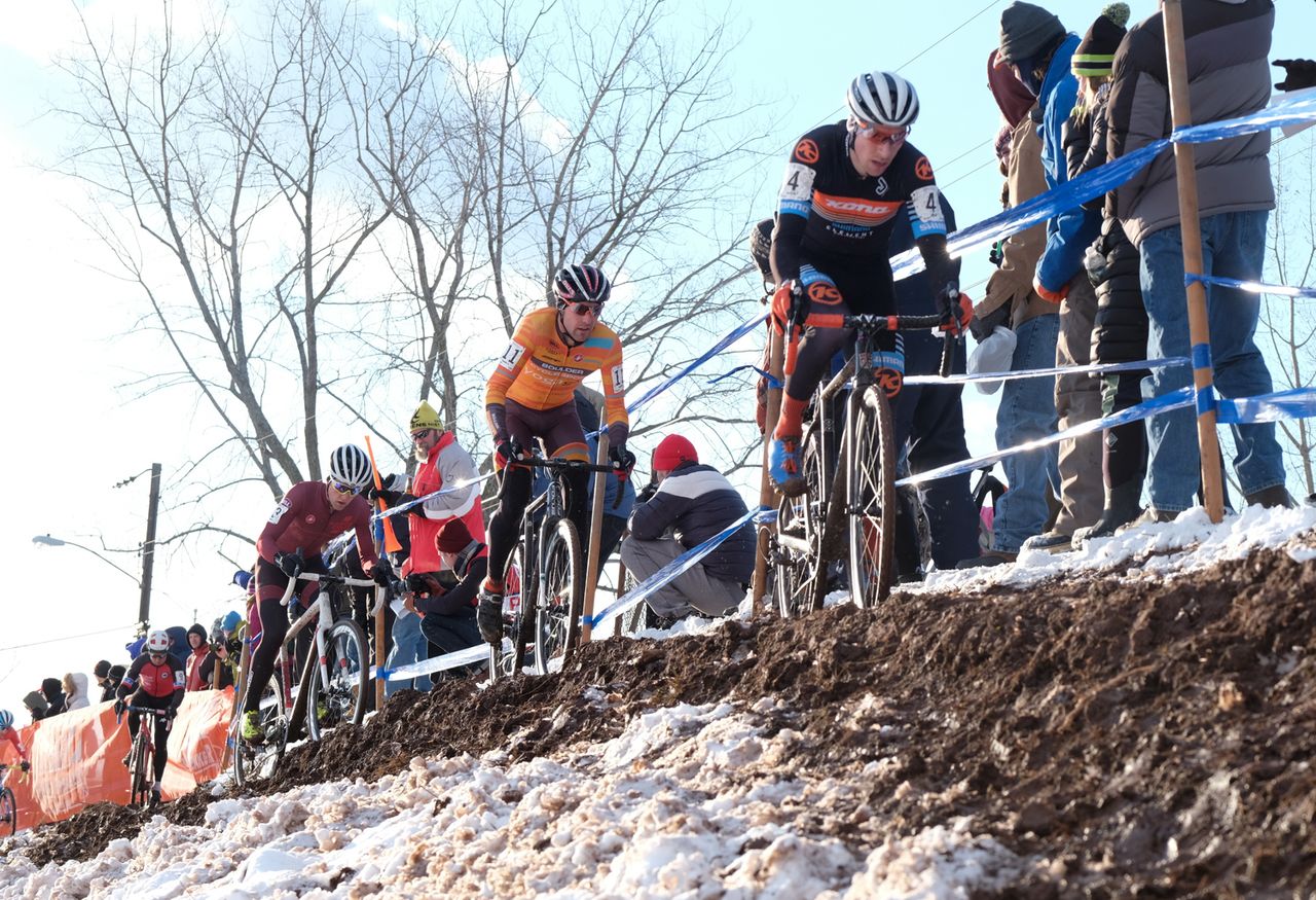 Kerry Werner (Kona) had no problems riding the off-camber ridge