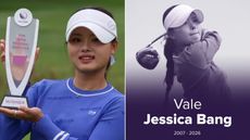Jessica Bang holding a trophy and a tribute graphic showing her name and lifespan