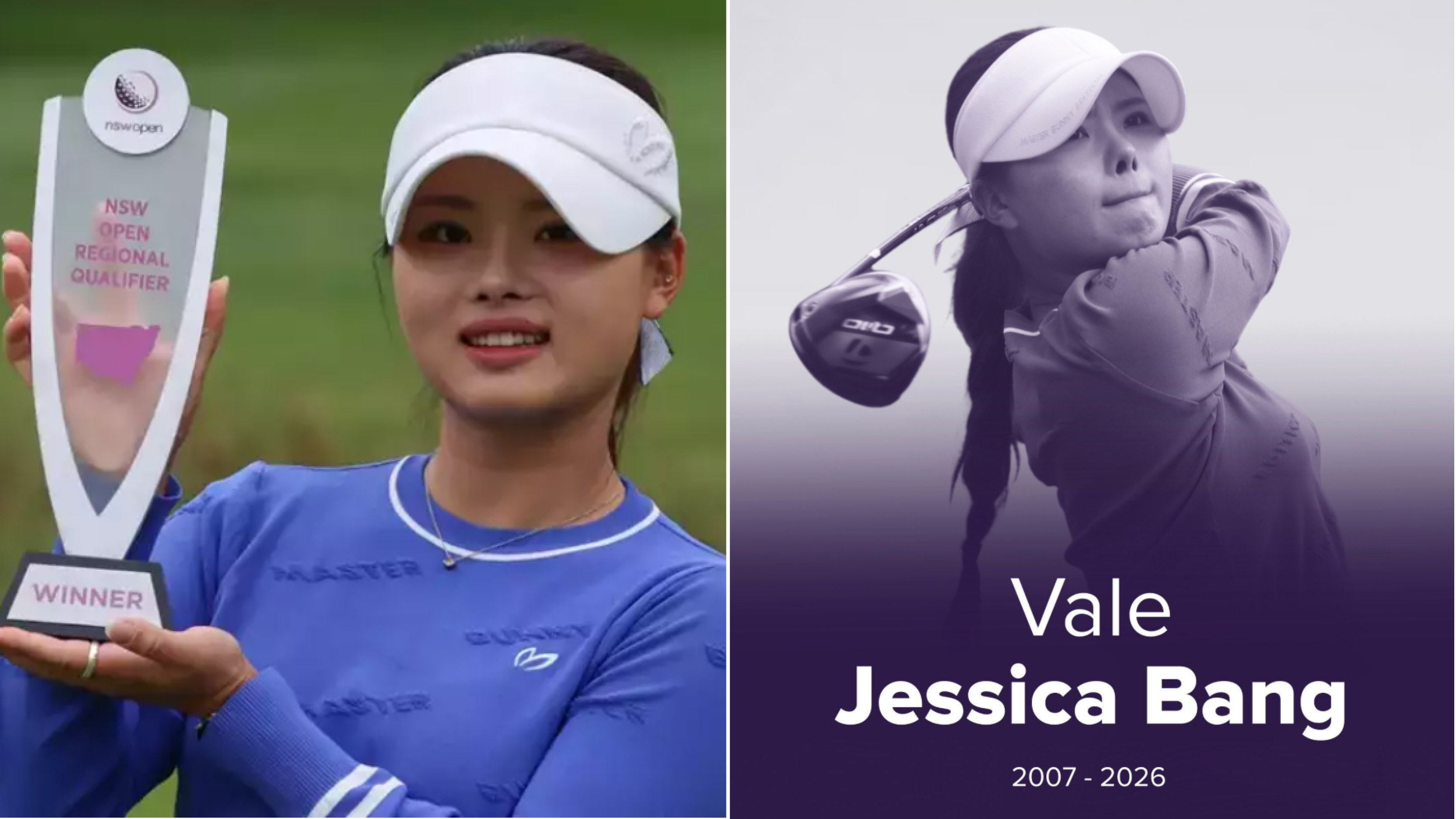 Jessica Bang holding a trophy and a tribute graphic showing her name and lifespan