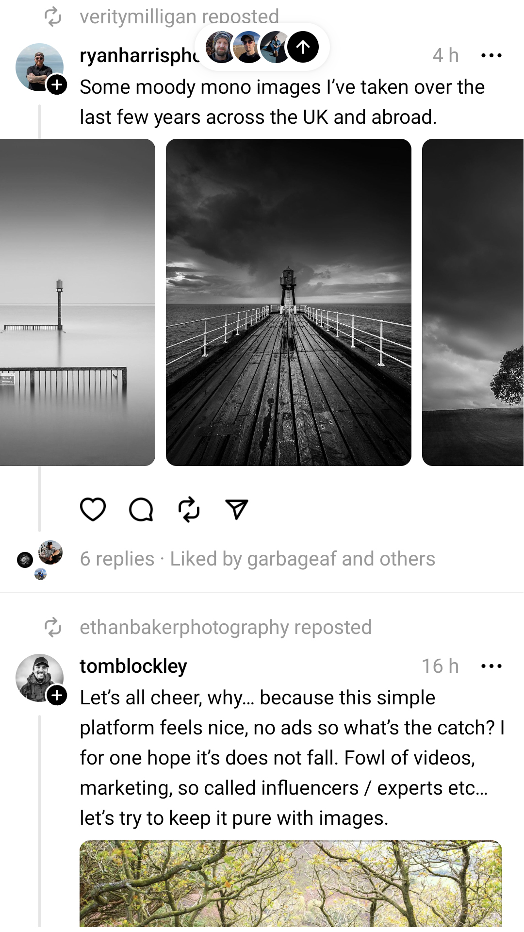 Threads app UI showing a photographers sharing their photo carousels and optimism about the app