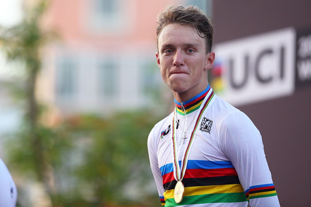 Jakob Egholm in rainbow stripes after winning the 2016 UCI Road World Championships junior road race