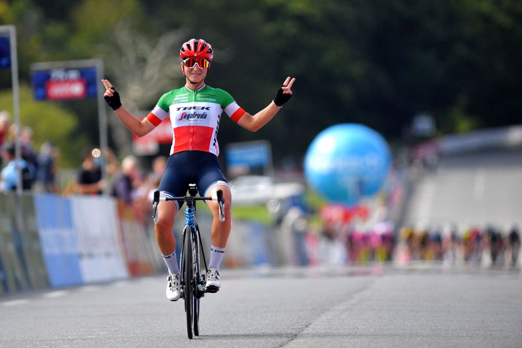 PLOUAY FRANCE AUGUST 30 Elisa Longo Borghini of Italy and Team Trek Segafredo celebrates winning during the 20th GP de Plouay Lorient Agglomration Trophe Ceratizit 2021 a 1504km one day race from Plouay to Plouay GrandPrixPlouay OuestFrance on August 30 2021 in Plouay France Photo by Luc ClaessenGetty Images