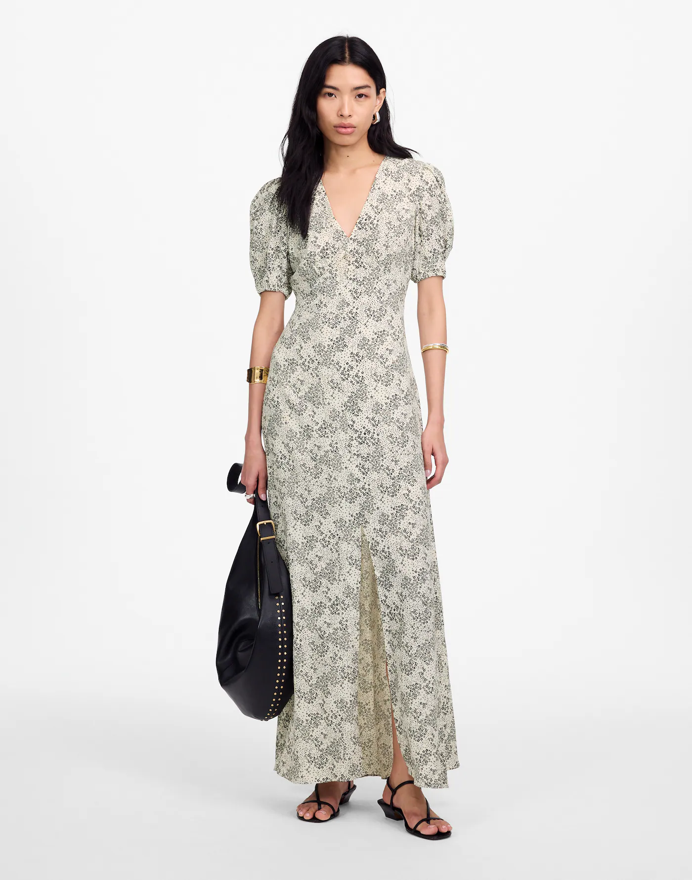 MW, Puff-Sleeve V-Neck Midi Dress in Floral