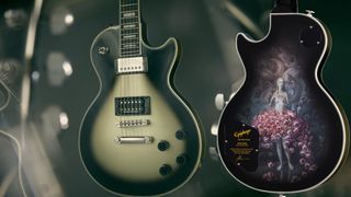 The Epiphone Adam Jones Art Collection Les Paul Custom Julie Heffernan is finished in Antique Silverburst and features Heffernan's “Study For Self-Portrait with Rose Skirt and a Mouse” on the back