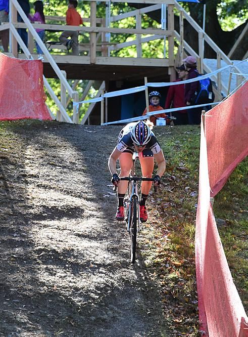 Katie Compton (Trek Factory Team) descends the biggest hill on the course after dropping Wyman