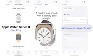 How to virtually try on Appel Watch in Apple Store app: Tap the Apple Watch model you want, tap the Apple Watch option you want, and then tap which case size is right for you.