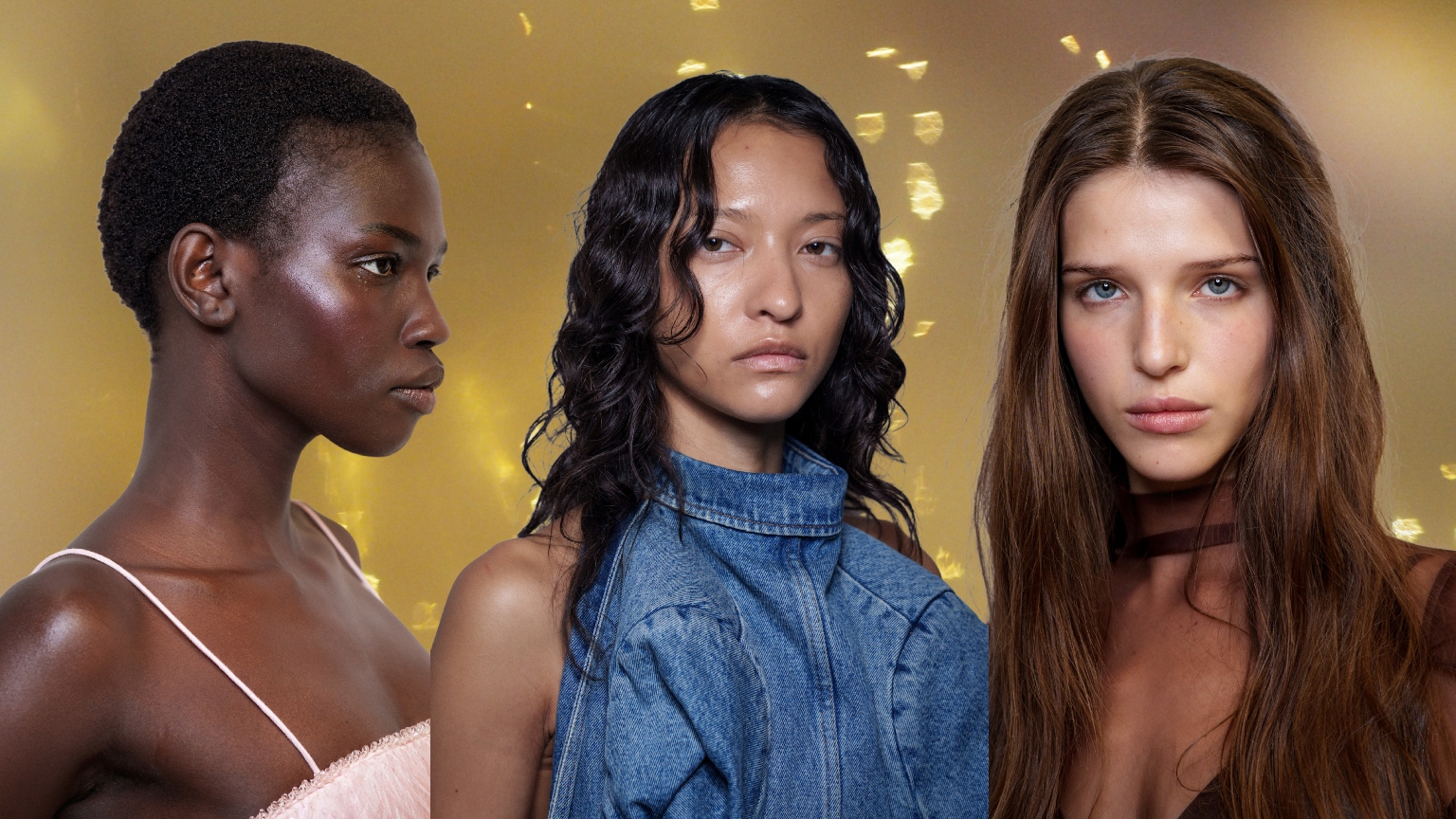 three women with glowing skin on a golden background