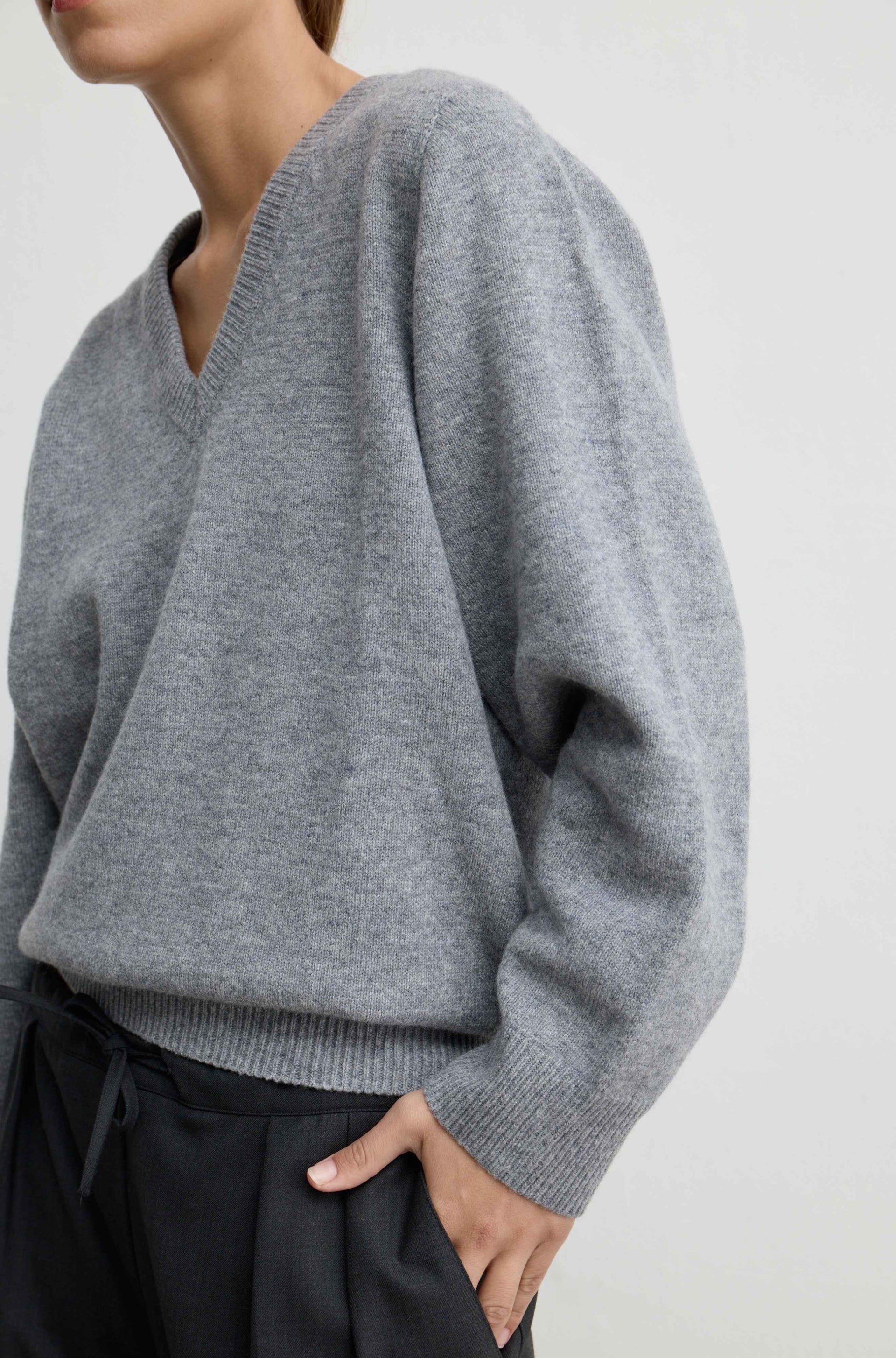 Wool V Neck Sweater - S / Grey