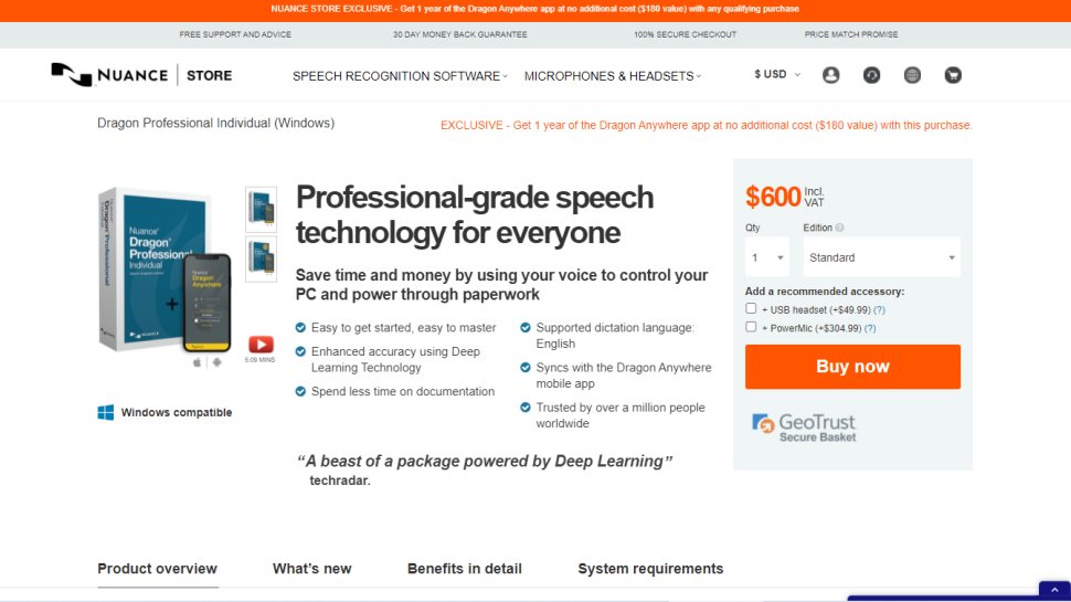 Website screenshot for Dragon Professional Individual