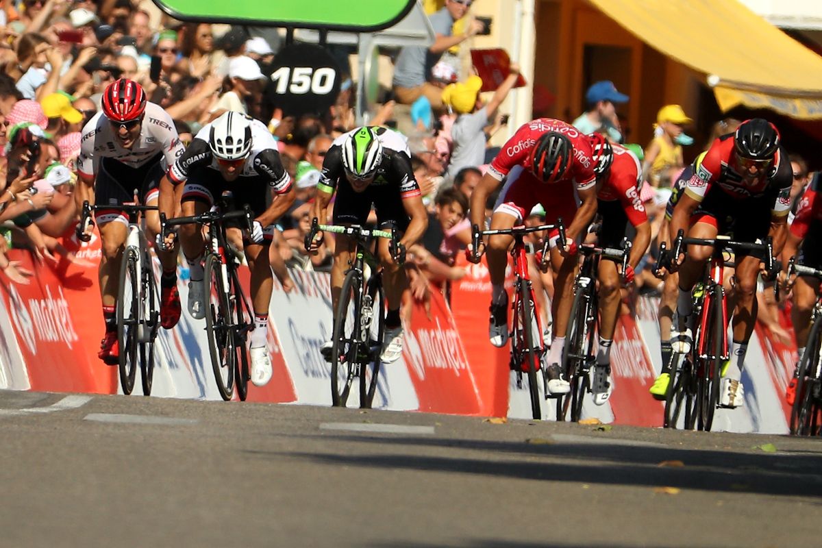 John Degenkolb and Michael Matthews rub elbows during the finish of stage 16 at the Tour de France