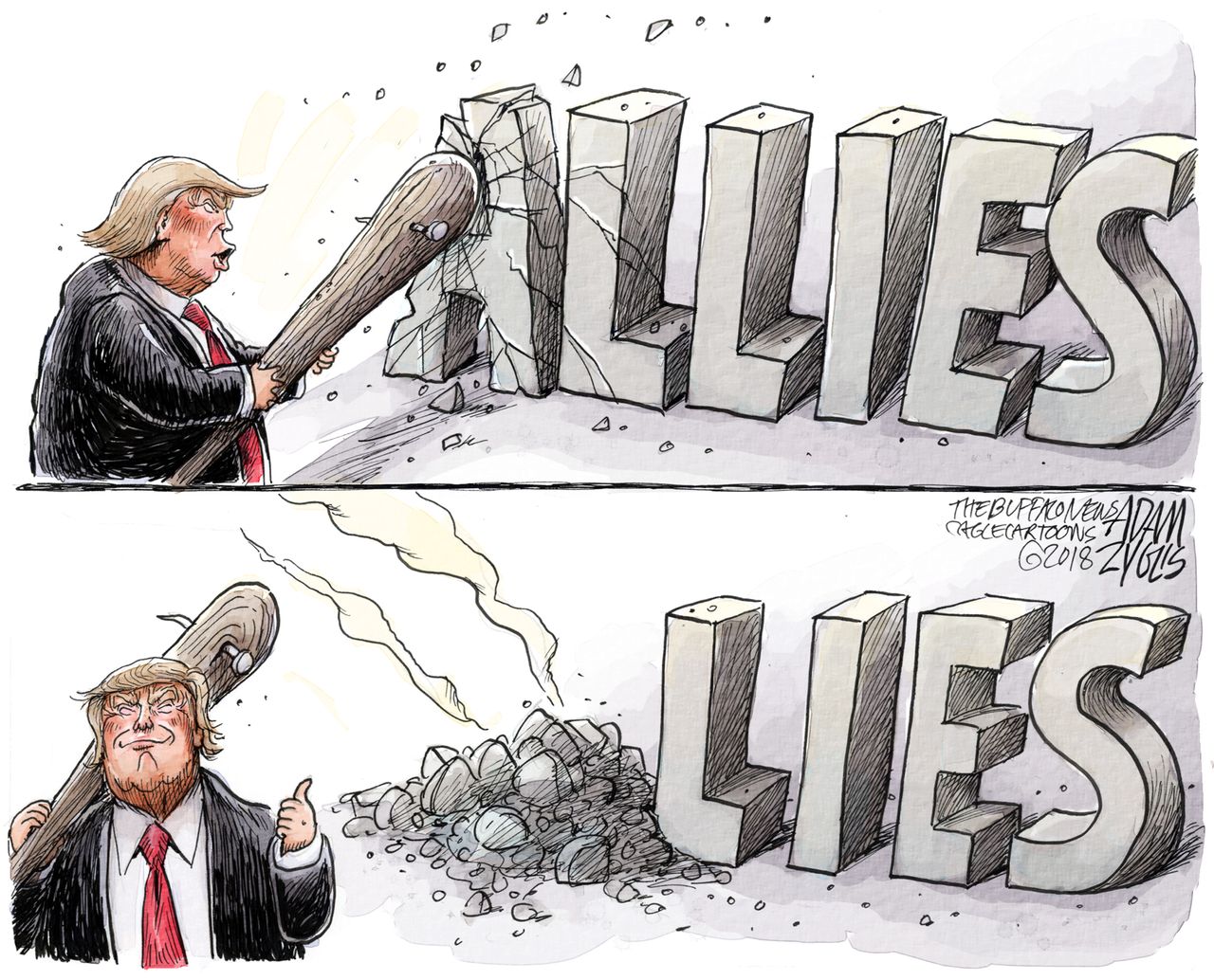 Political cartoon U.S. Trump destroying allies NATO EU foreign policy