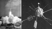 two images; on the left is a rocket launching, on the right is an illustration of a spherical satellite in space