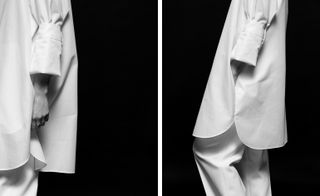 Two images, Left- Close up of model wearing white shirt and trousers, Right- Side view of model wearing white shirt and trousers