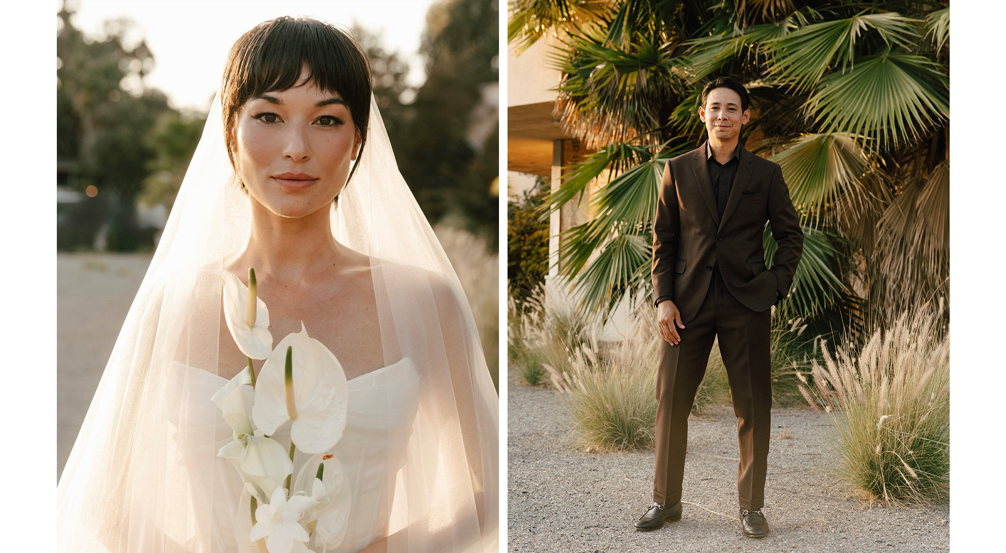 Britni and Sean wearing their wedding outfits.