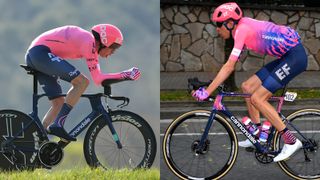 Two images of pro cyclist, Hugh Carthy, riding a TT bike and a road bike