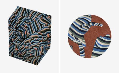 Two rugs by Cody Hoyt. To the left, we have an asymmetric shape rug, in black, beige, peach, and different tones of blue contained out of lines. To the right, we have a circular rug, in shades of blue, green, and beige lines, with a copper irregular shape on top.