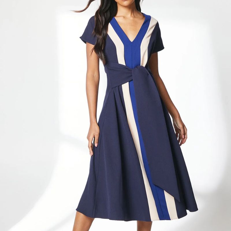 Principles Blue Belt Tie Colourblock Midi Dress on model 