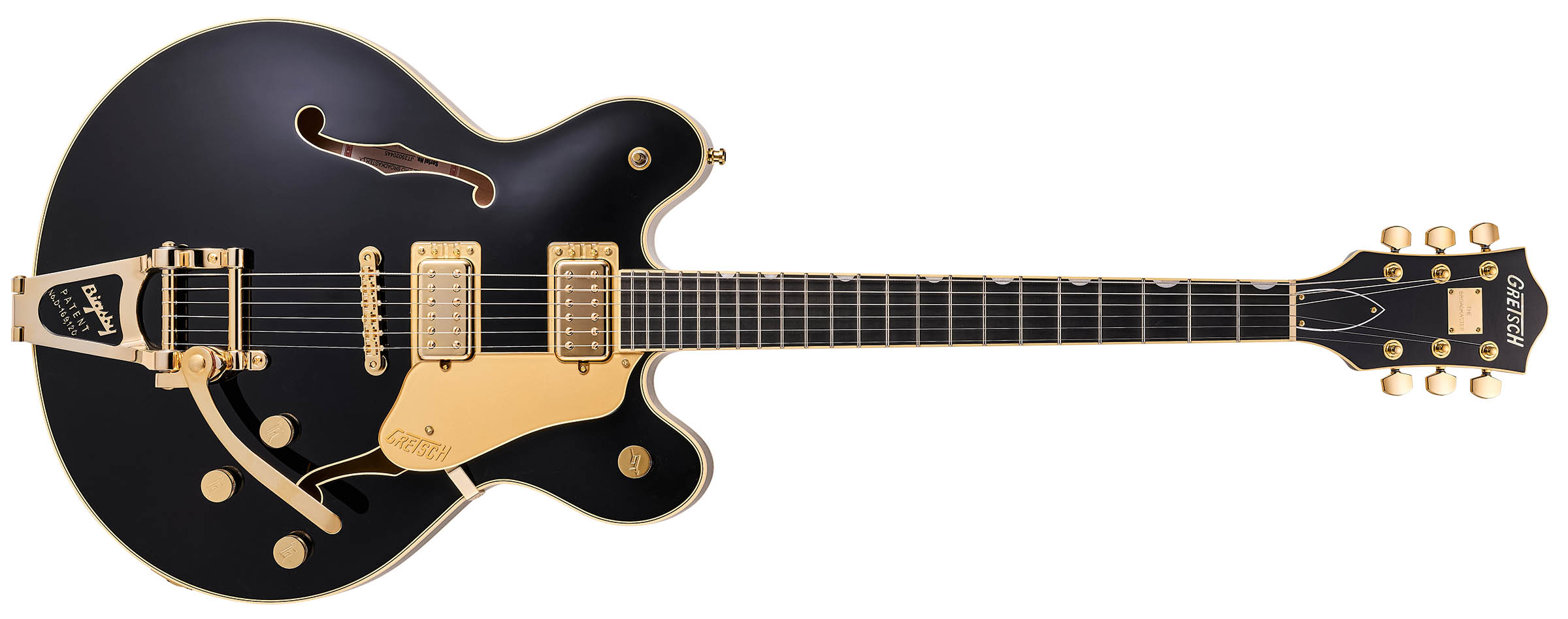 Gretsch Professional Collection Broadkaster LX Center Block: the handsome semi-hollow is finished in black with gold hardware and here is photographed in close-up.
