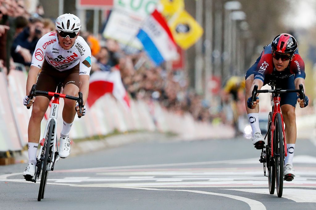 VALKENBURG NETHERLANDS APRIL 10 LR Benoit Cosnefroy of France and AG2R Citren Team and sprint to win during the 56th Amstel Gold Race 2022 Mens Elite a 2541km one day race from Maastricht to Valkenburg AGR2022 WorldTour on April 10 2022 in Valkenburg Netherlands Photo by Bas CzerwinskiGetty Images