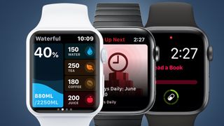 Three Apple Watches on a blue background showing the Waterful, Pocket Casts and Streaks apps