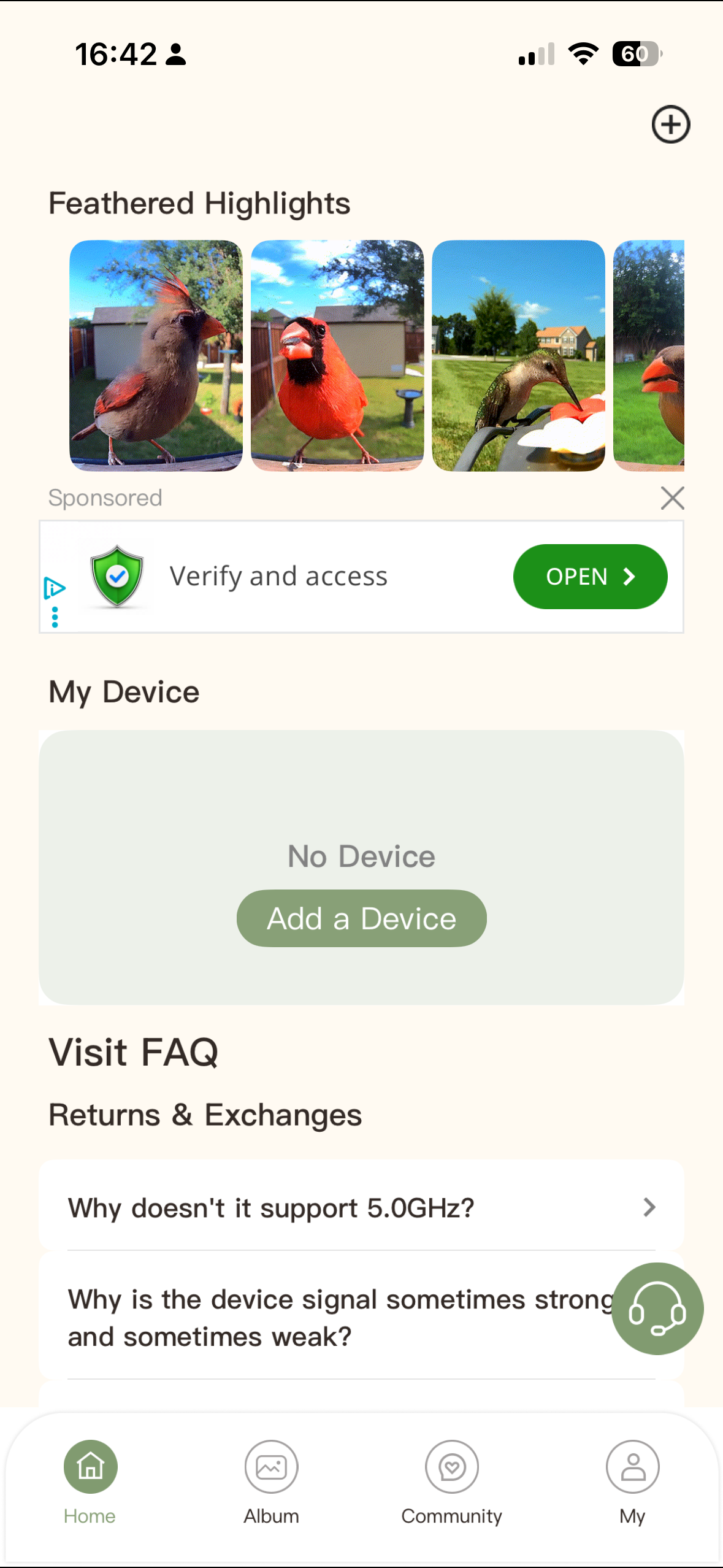 Screenshots from the TT Nature feeder app, PerchLens