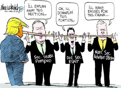 Political Cartoon U.S. Trump Pompeo Esper lies