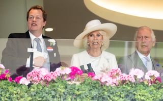 Tom Parker Bowles, Queen Camilla and King Charles wearing suits and dresses and grimacing while watching horses at Royal Ascot