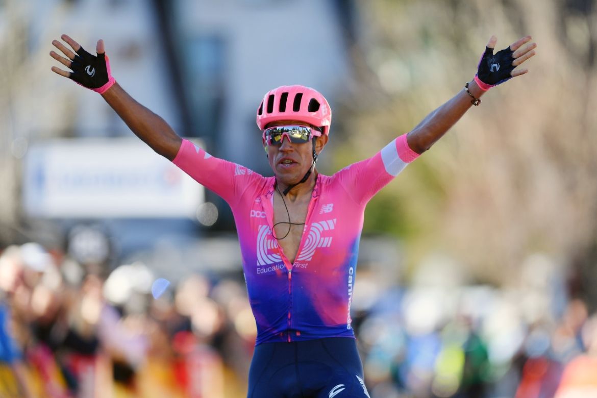 Daniel Mart&iacute;nez (EF Education First) celebrates after beating Miguel &Aacute;ngel L&oacute;pez (Astana) to the line